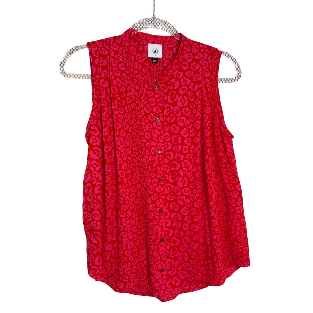 Cabi Women Red Pink Leopard Floral Print Sleeveless Button Down Blouse Top S